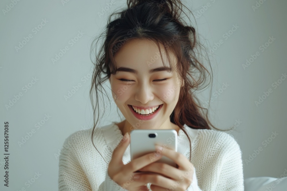 Elated Asian woman holding her smartphone, celebrating her big win with a wide smile, white backdrop Elated Asian woman holding her smartphone, celebrating her big win with a wide smile, white backdrop