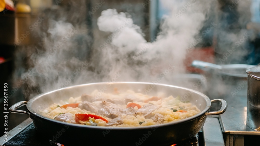 Steaming Food in a Pan, Culinary Scene in a Restaurant Kitchen Steaming Food in a Pan, Culinary Scene in a Restaurant Kitchen