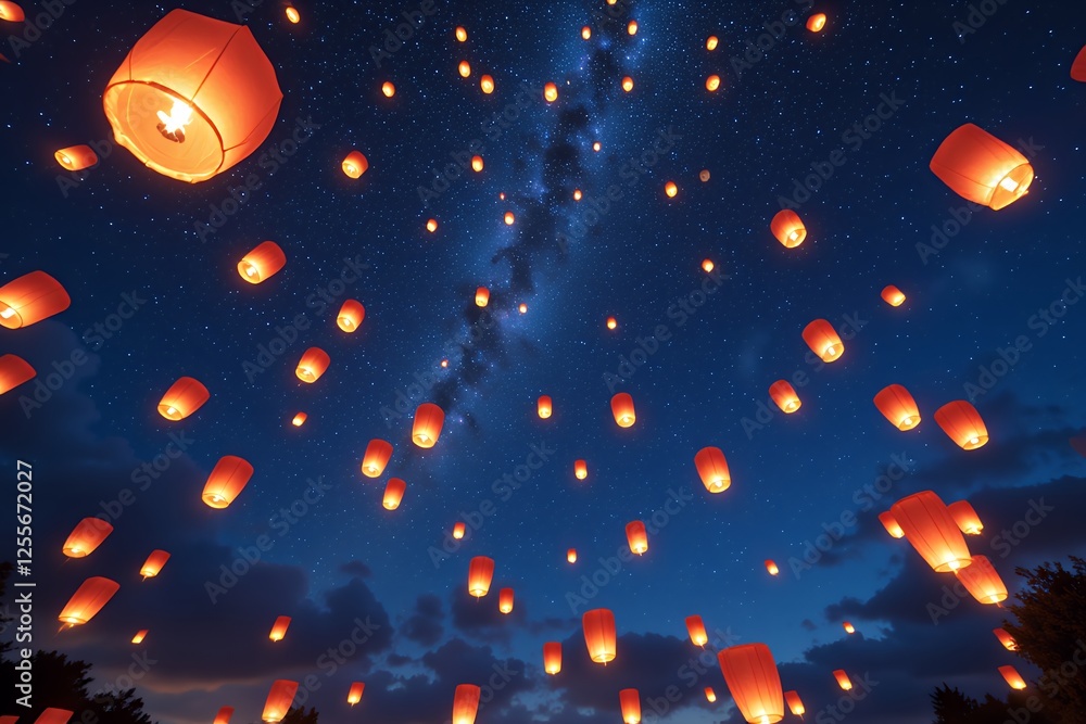 Obraz premium Hundreds of Sky Lanterns Ascending at Night under a Starry Sky