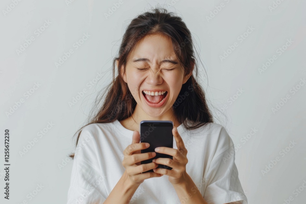 Elated Asian woman holding her smartphone, celebrating her big win with a wide smile, white backdrop Elated Asian woman holding her smartphone, celebrating her big win with a wide smile, white backdrop