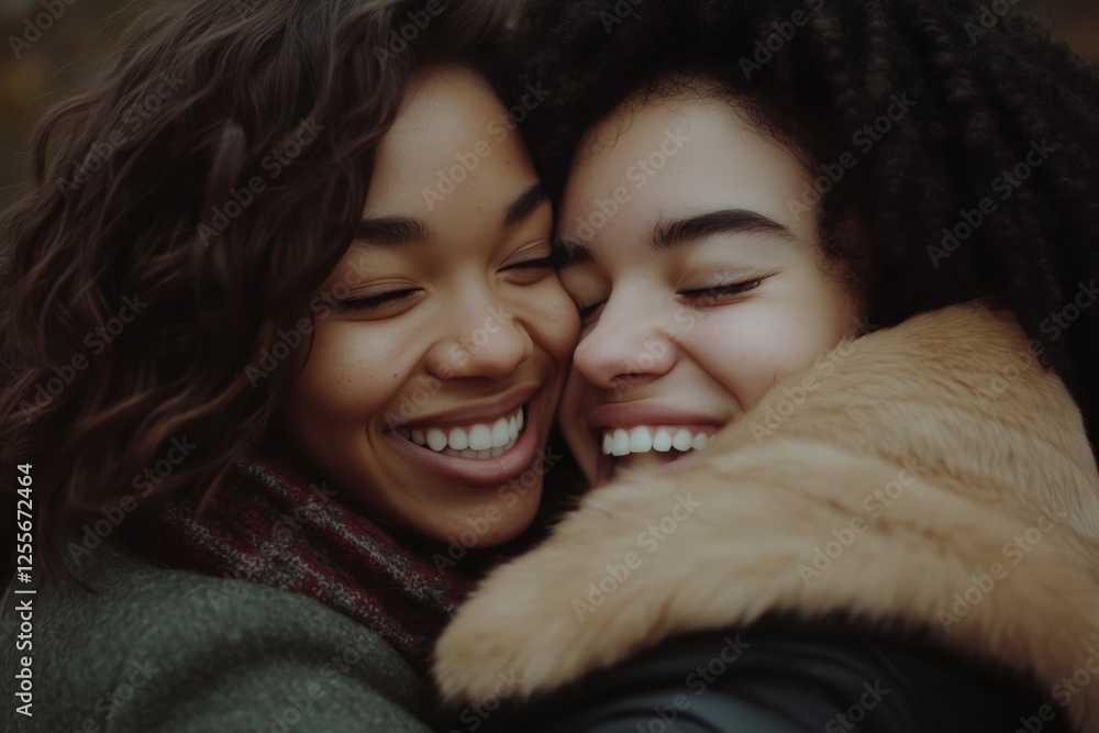 Two cheerful young women embrace and share a joyful moment, showcasing their close friendship as they laugh and smile together Two cheerful young women embrace and share a joyful moment, showcasing their close friendship as they laugh and smile together