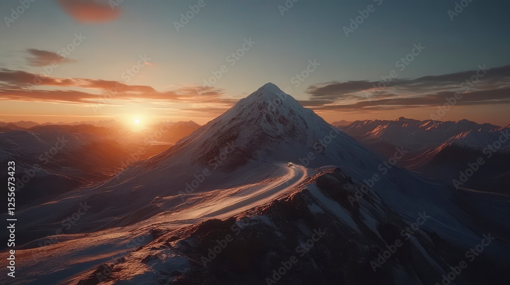Majestic Mountain Sunset with Snowy Peaks and Dramatic Sky Majestic Mountain Sunset with Snowy Peaks and Dramatic Sky