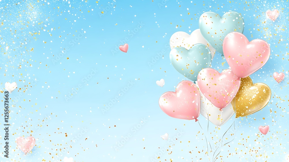 Fototapeta premium Pastel Heart Balloons Float Against Blue Sky