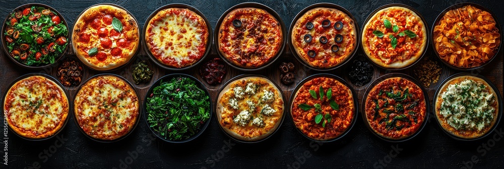 Assorted Pizzas and Side Dishes Arranged Beautifully Assorted Pizzas and Side Dishes Arranged Beautifully