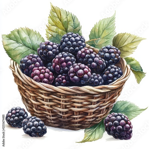Wallpaper Mural Watercolor illustration of fresh blackberries in a light brown wicker basket with green leaves, on a white background, vibrant color and natural details, perfect for food illustrations or still life. Torontodigital.ca