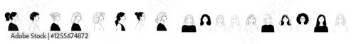 Hand-drawn diverse female portraits with a seamless border. Trendy doodle of women lined up using abstract line shapes. Modern, stylized linear illustration perfect for IWD, the Break the Bias