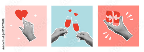 Set of Valentine's day greeting cards with cut out hands. Template for birthday card, invitation, social media, flyer, banner, poster