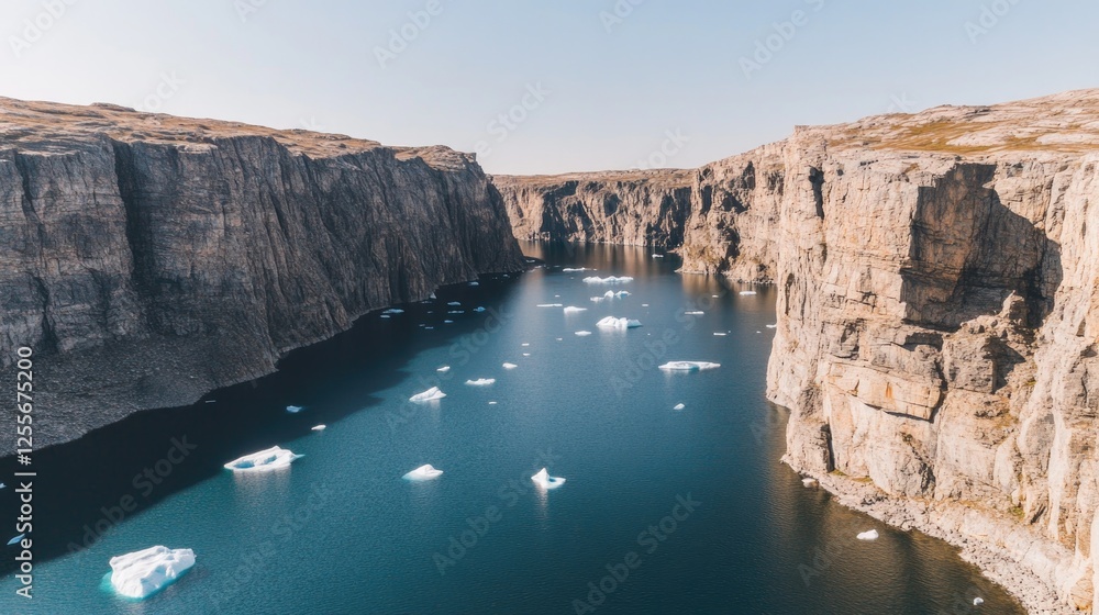 Majestic cliffs frame tranquil waters, dotted with drifting iceb