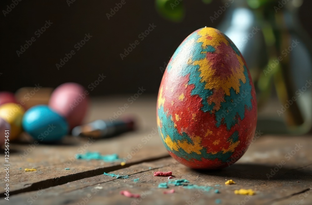 intricate painted Easter egg in different colors, festive artistic design, crafty celebratory scene, ideal for art supplies, party planners, seasonal events