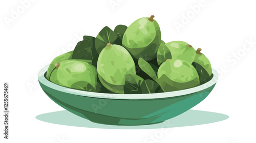 A digital illustration depicting a shallow, green bowl filled with several round, green fruits.  The fruits are clustered together, and some green leaves are interspersed amongst them. The