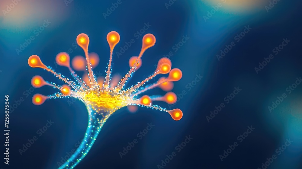 Microscopic ocean life idea. A vibrant, colorful microscopic view of a unique plant structure with glowing details. Microscopic ocean life idea. A vibrant, colorful microscopic view of a unique plant structure with glowing details.
