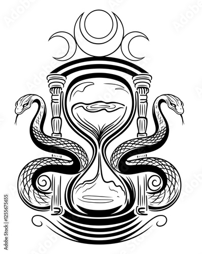 Zwei Schlangen mit Sanduhr und Triple Moon - Jahr der Schlangen Design mit esoterischen Symbolen