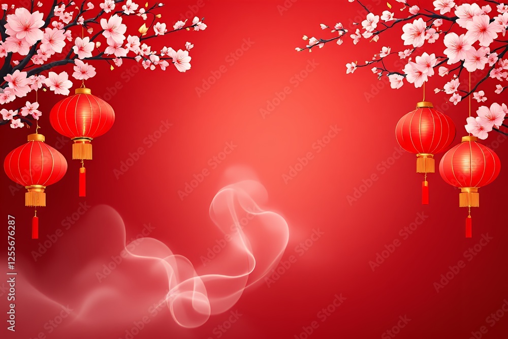 Festive Chinese New Year Background Red Lanterns Cherry Blossoms and Elegant Smoke Design Festive Chinese New Year Background Red Lanterns Cherry Blossoms and Elegant Smoke Design