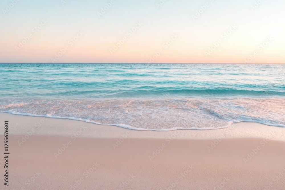 Gentle waves caress sandy shores under pastel sky, creating sere