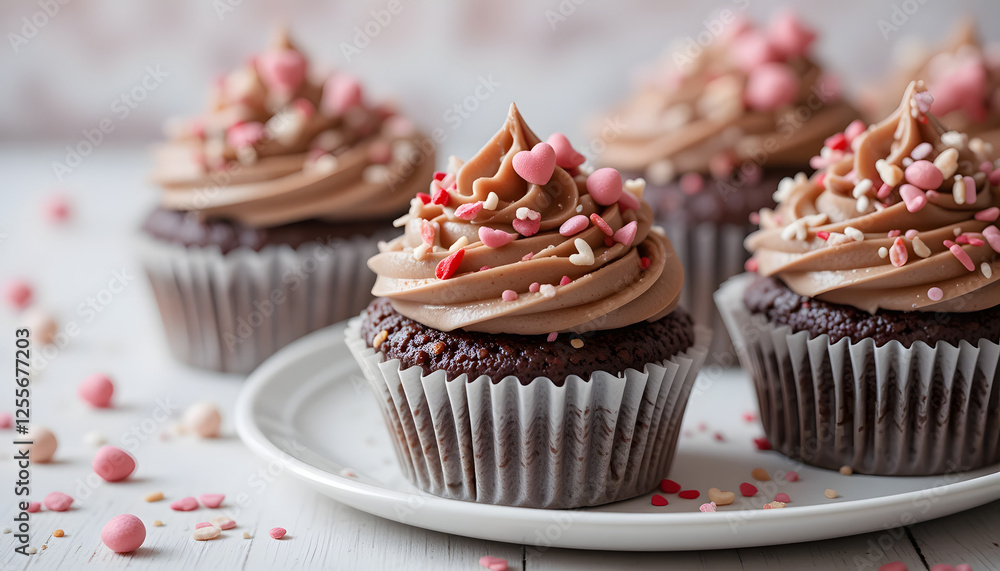 Chocolate cupcakes with swirled frosting and sprinkles Chocolate cupcakes with swirled frosting and sprinkles