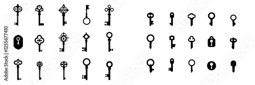 A modern set comprising a vintage key skeleton and keyhole silhouette, with a heart-shaped black key isolated on a white background
