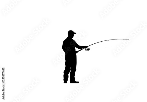Modern illustration of a black fly fisherman fishing with a white background