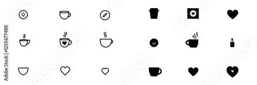 A range of cute cartoon coffee cups adorned with hot coffee outlines and stroke designs, and round bottoms shaped like coffee beans, perfect as modern icons for menu covers and background