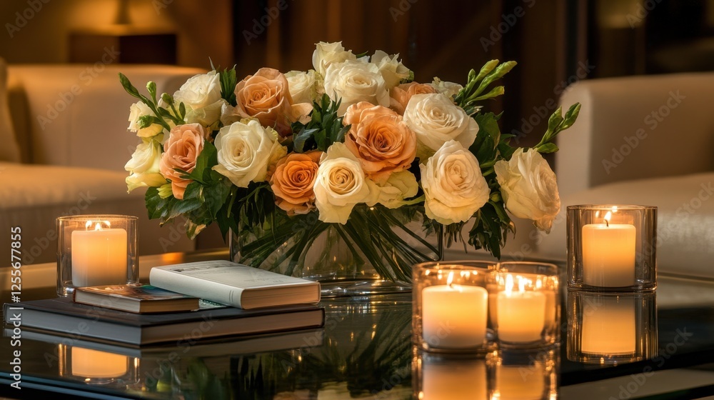 Obraz premium Elegant glass coffee table styled with books, candles, and a minimalist floral arrangement.