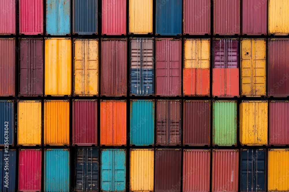 Fototapeta premium Colorful arrangement of shipping containers creates vibrant indu
