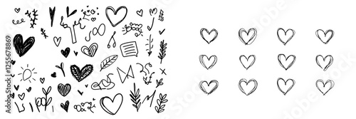 A modern heart set featuring a collection of black, thin-line heart icons, abstract and stylized decorative hearts placed on a white background