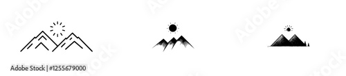 Background consists of an abstract mountain range. Depicted with basic lines, it includes mountains and the sun