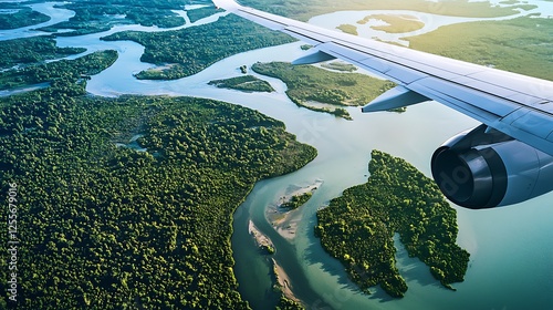 A plane is flying over a lush green forest and a river