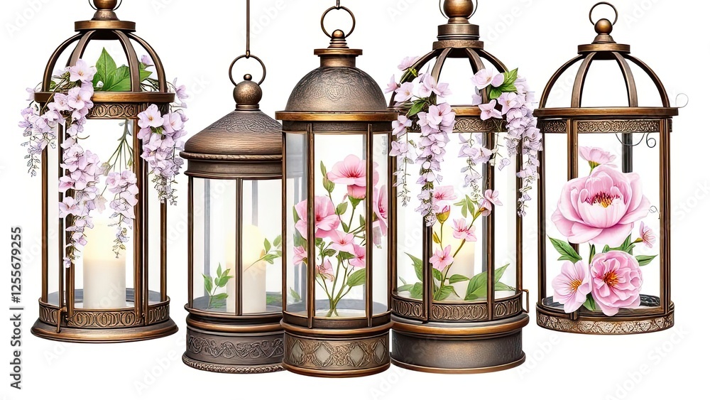 Obraz premium Elegant Bronze Lanterns with Pink Flowers Candles Home Decor