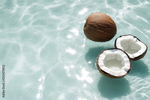 Coconuts floating in crystal-clear water create refreshing tropi photo