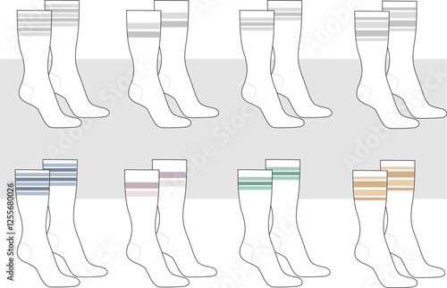 Set of Full length Socks flat sketch fashion illustration drawing template mock up, cad.
