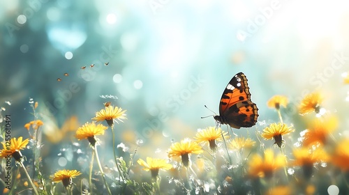 Beautiful colorful summer spring natural flower background. Butterflies working on a bright sunny day with beautiful bokeh	
