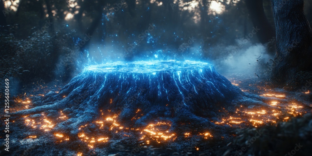 Fototapeta premium Mystical Forest: Glowing Stump in Ember-Lit Grove