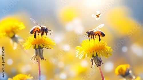 Beautiful colorful summer spring natural flower background. Bees working on a bright sunny day with beautiful bokeh	
