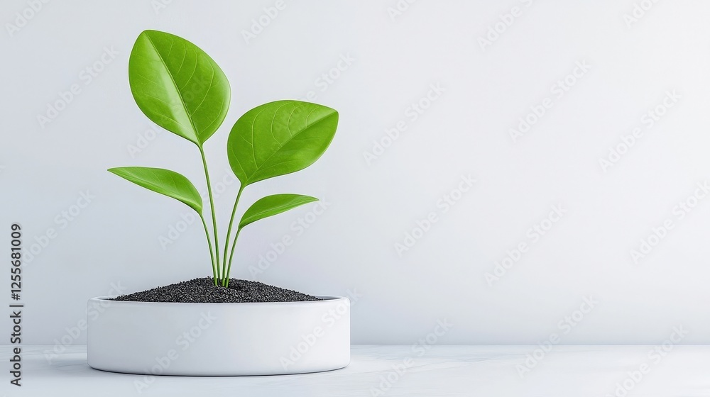 Fresh Green Plant Growing in White Pot with Soil on Minimalist Background Fresh Green Plant Growing in White Pot with Soil on Minimalist Background