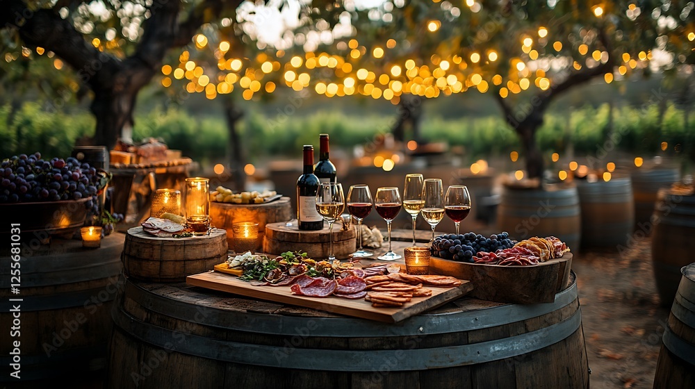 A cozy wine tasting setup with rustic wine barrels as tables, delicate stemware, and handcrafted charcuterie boards, surrounded by warm ambient lighting in an intimate vineyard setting, HD quality. A cozy wine tasting setup with rustic wine barrels as tables, delicate stemware, and handcrafted charcuterie boards, surrounded by warm ambient lighting in an intimate vineyard setting, HD quality.