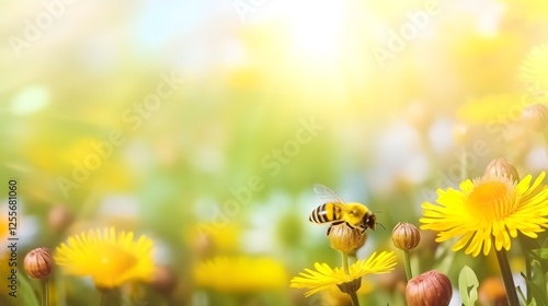 Beautiful colorful summer spring natural flower background. Bees working on a bright sunny day with beautiful bokeh	
