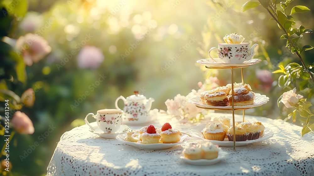 A dainty afternoon tea setup with a white lace tablecloth, tiered trays filled with delicate pastries, fine china adorned with floral prints, soft sunlight streaming through a garden setting, A dainty afternoon tea setup with a white lace tablecloth, tiered trays filled with delicate pastries, fine china adorned with floral prints, soft sunlight streaming through a garden setting,