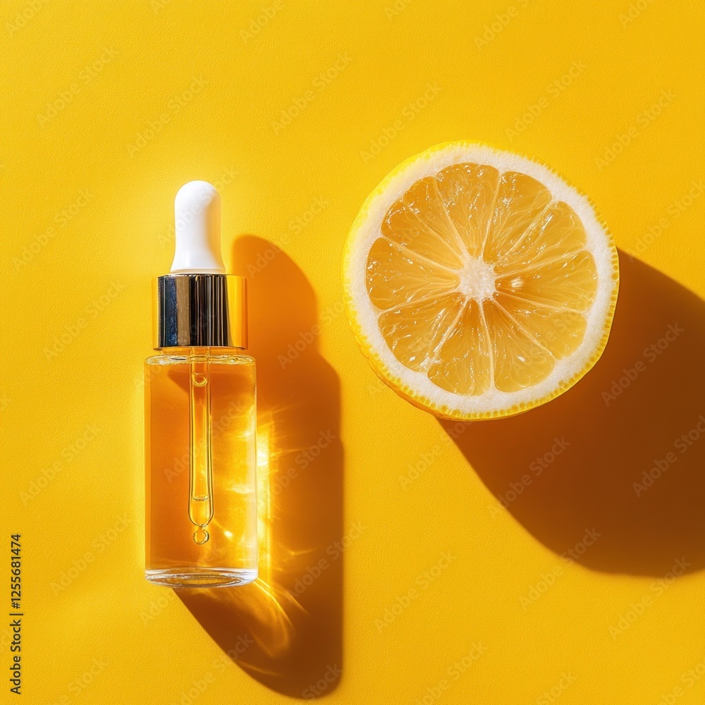 Lemon essential oil bottle and slice on yellow Lemon essential oil bottle and slice on yellow