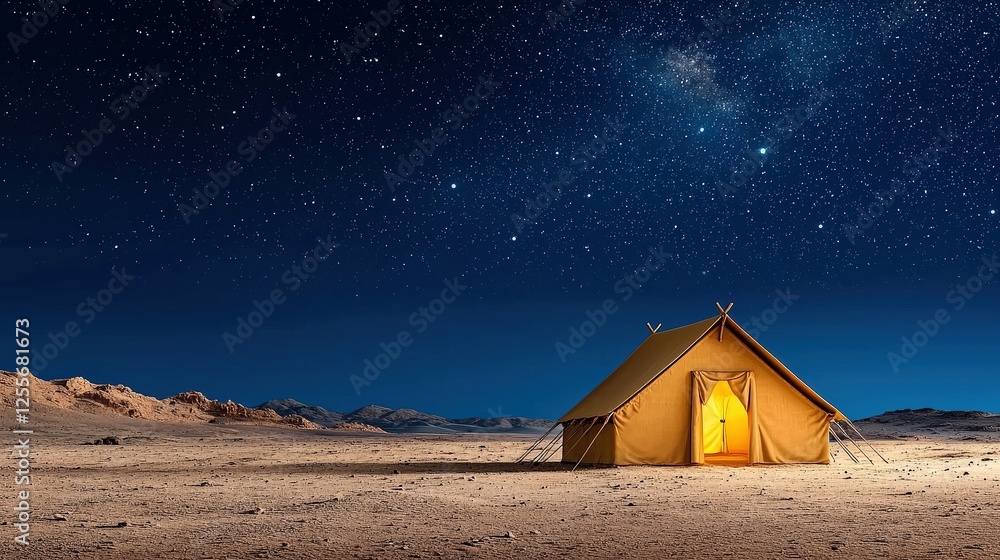 Cozy Canvas Tent Under Starry Night Sky in Desert Landscape Featuring Vibrant Glow from Inside Cozy Canvas Tent Under Starry Night Sky in Desert Landscape Featuring Vibrant Glow from Inside