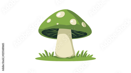 A digital illustration of a cartoonish green mushroom with white spots on its cap. The mushroom is depicted on a small patch of green grass against a white background. The style is vibrant