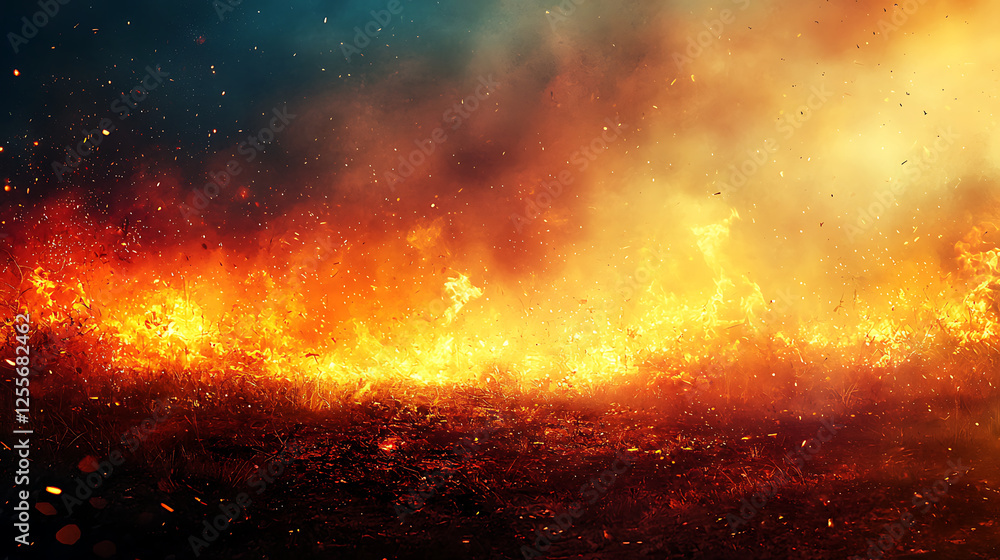 Wildfire burning at night, embers flying, dark background, environmental disaster Wildfire burning at night, embers flying, dark background, environmental disaster