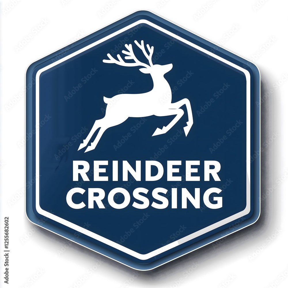 Holiday Christmas Hexagon Decal with Navy Blue Background and White Reindeer Design featuring Reindeer Crossing Text for Winter Season Warning Sign Holiday Christmas Hexagon Decal with Navy Blue Background and White Reindeer Design featuring Reindeer Crossing Text for Winter Season Warning Sign