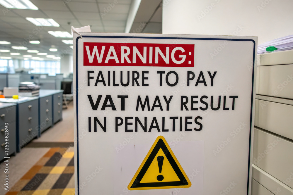 A warning sign in an office about penalties for failing to pay VAT, set against a backdrop of cubicles and filing cabinets.