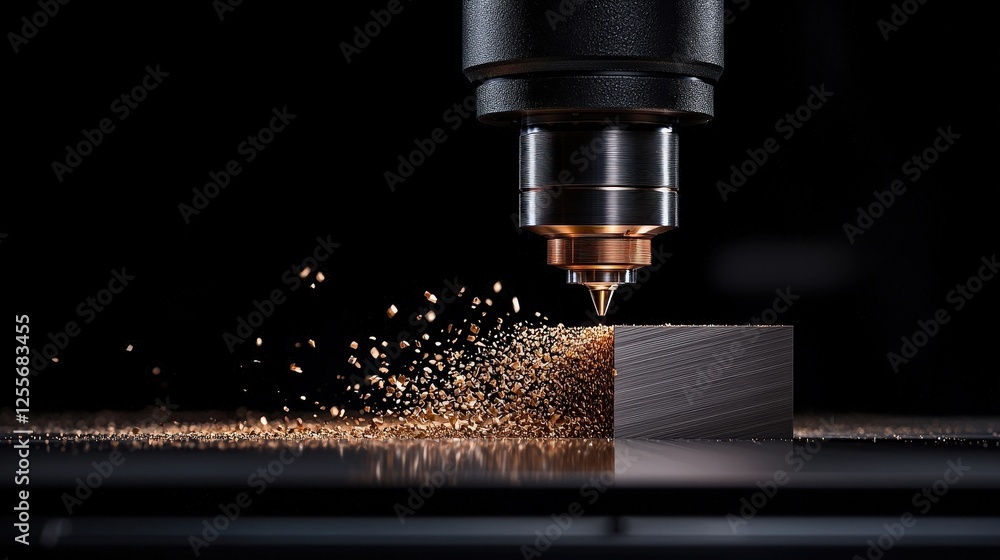 Precision Laser Cutting Process with Sparks and Metal Block in Dark Background Precision Laser Cutting Process with Sparks and Metal Block in Dark Background