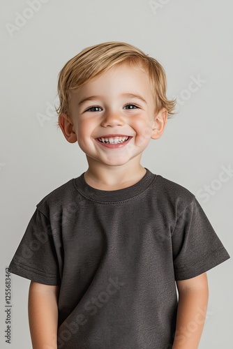 Smiling child with light brown hair wearing simple gray shirt ag