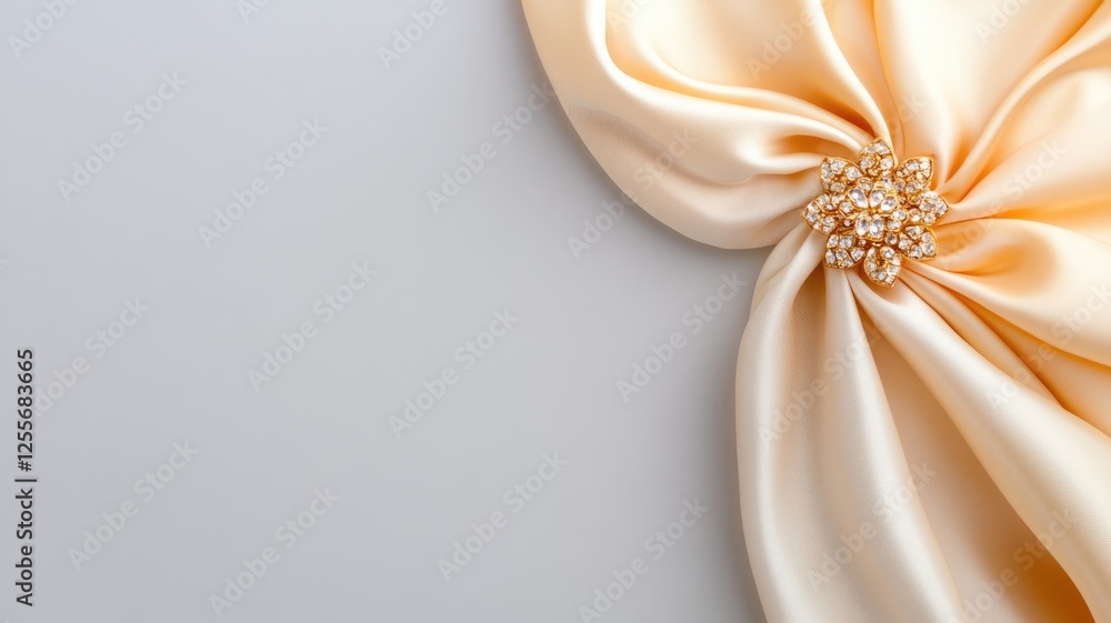 Luxurious satin fabric with elegant brooch on gray background Luxurious satin fabric with elegant brooch on gray background