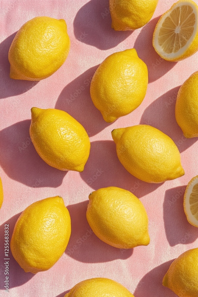 Bright lemons arranged on soft pink background create refreshing Bright lemons arranged on soft pink background create refreshing