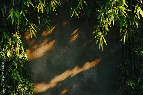 Lush bamboo frames serene wall, casting gentle shadows that enha photo