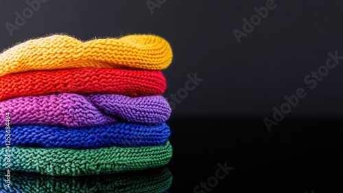 Folded colorful knitted fabrics stacked against black background