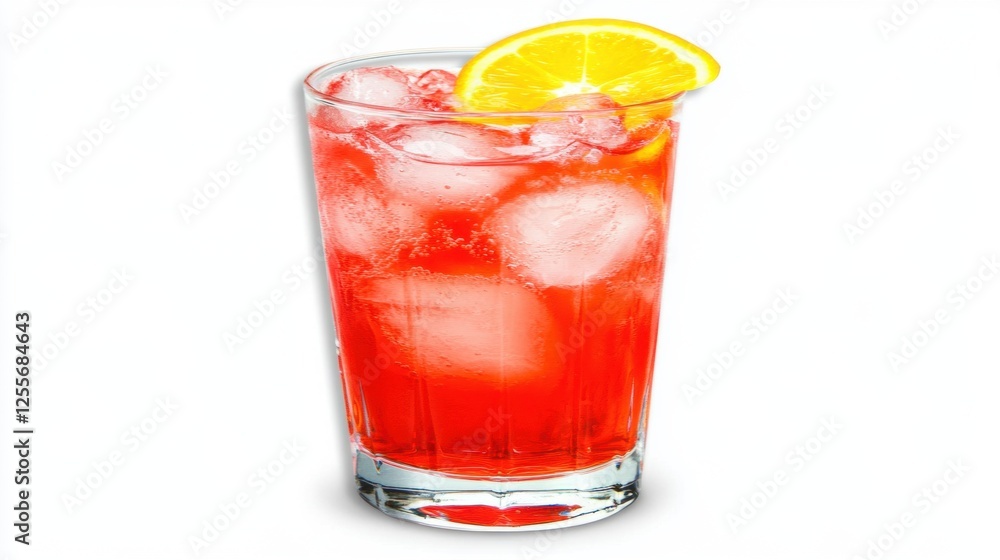 Vibrant Red Cocktail Garnished with Fresh Orange Slice Served Over Ice in a Transparent Glass Vibrant Red Cocktail Garnished with Fresh Orange Slice Served Over Ice in a Transparent Glass